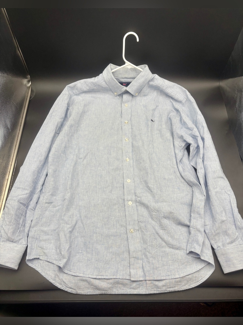 Vineyard Vines Whale Shirt XL Blue White Micro Stripe Linen Cotton Blend LS